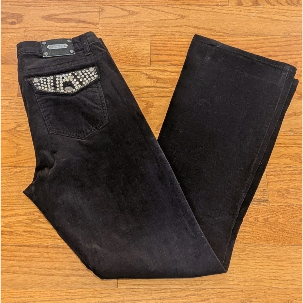 Y2K Rhinestone Corduroy Flare Pants Black Cowgirl Western Bling Tru Luxe 30/10